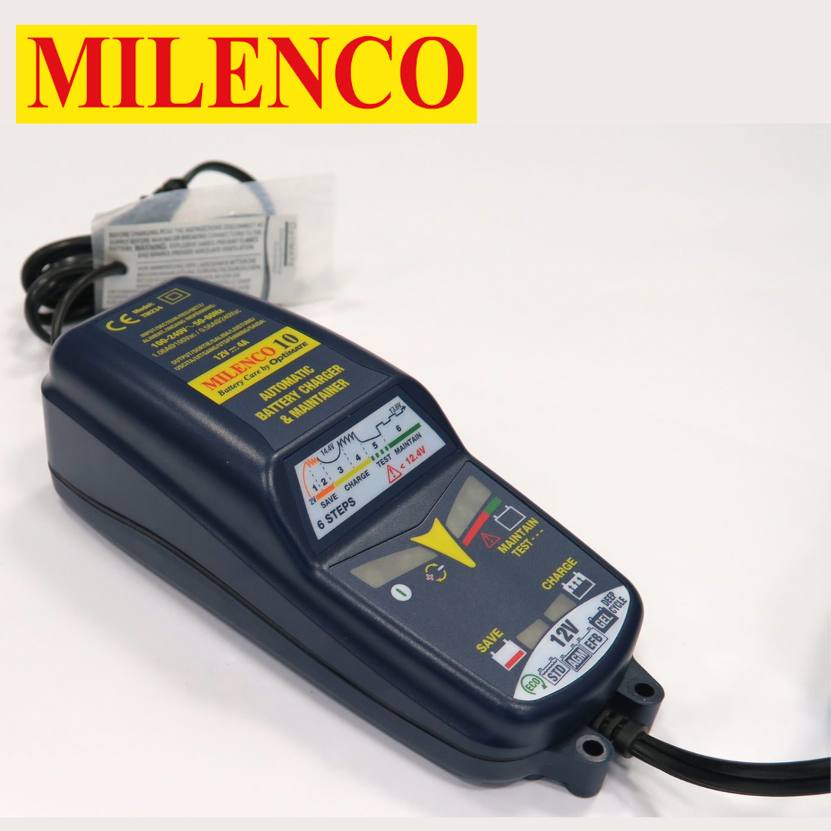 Milenco OptiMate 10 Smart Charger and Maintainer with multiple charging steps and clear LED indicators.