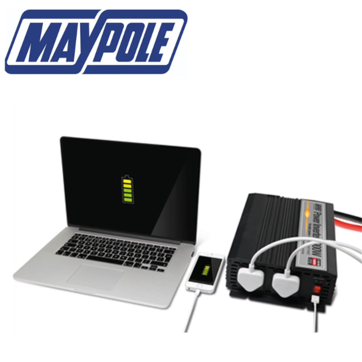 Maypole 1000W power inverter with USB port showing device connected and power indicator lights.