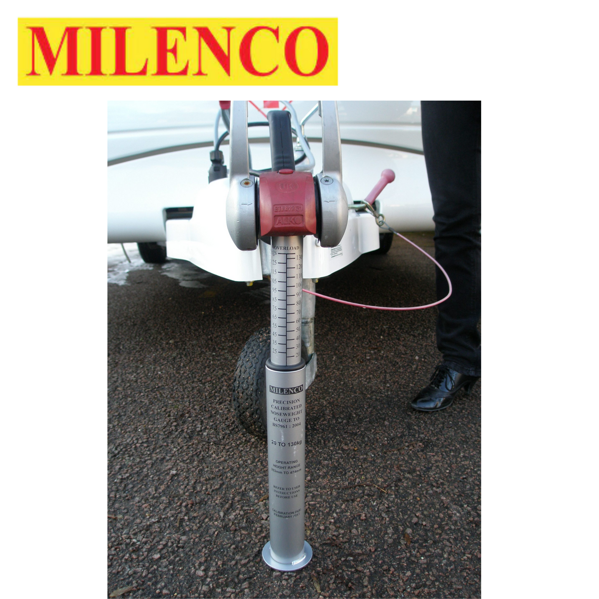 Milenco Precision Calibrated Noseweight Gauge displaying weight measurement up to 130kg for accurate towing.