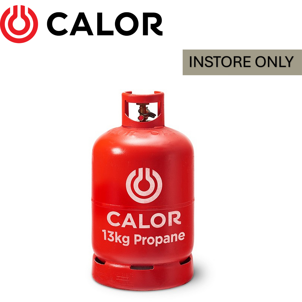 Calor 13kg propane gas bottle with a red and white design, ideal for outdoor heating and cooking.