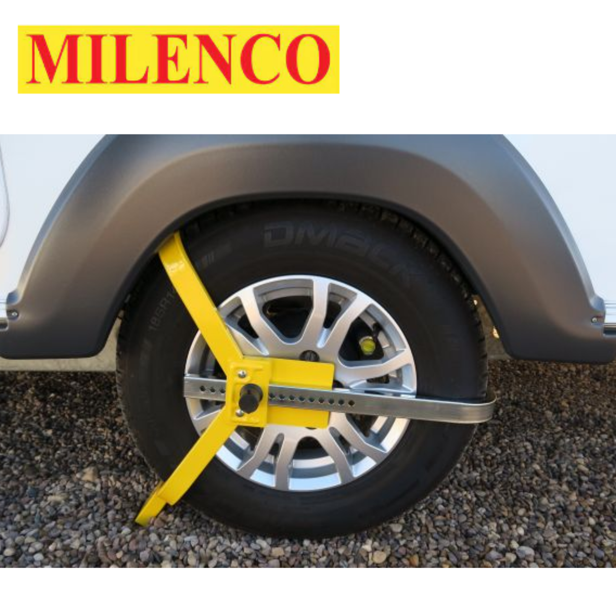 Milenco caravan wheel clamp for 13", 14", and 15" wheels, model 1533, showcasing its durable design and secure fit.