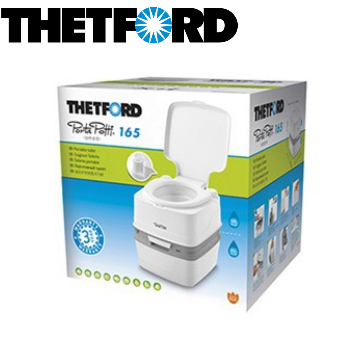 Thetford Porta Potti Qube 165 portable toilet with white plastic body and compact design, suitable for camping and travel use.