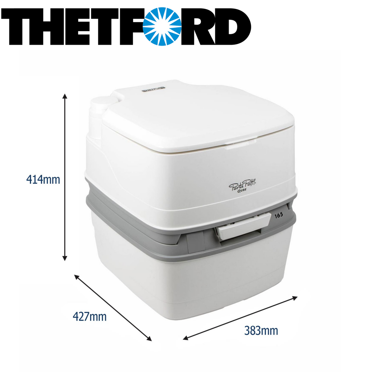 Thetford Porta Potti Qube 165 portable toilet with white plastic base and lid, compact design for outdoor or camping use.