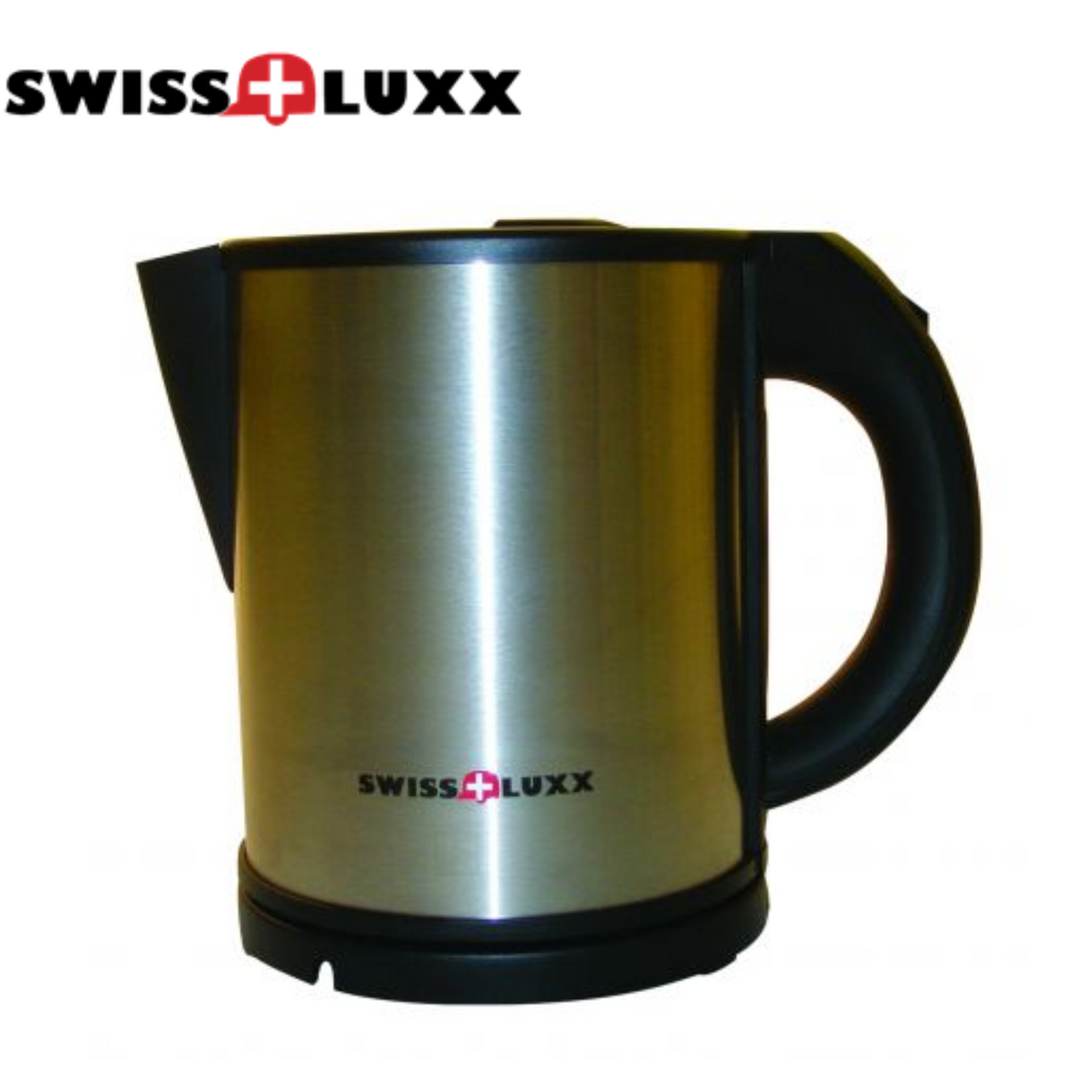 Swiss Luxx 1ltr stainless steel cordless kettle with ergonomic handle and lid, showcasing its sleek design and modern finish.