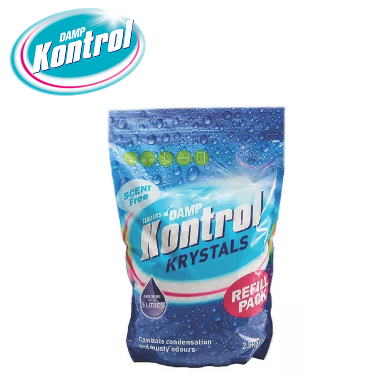 Damp Kontrol Krystals in a clear container, designed for moisture absorption, scent-free for indoor use.