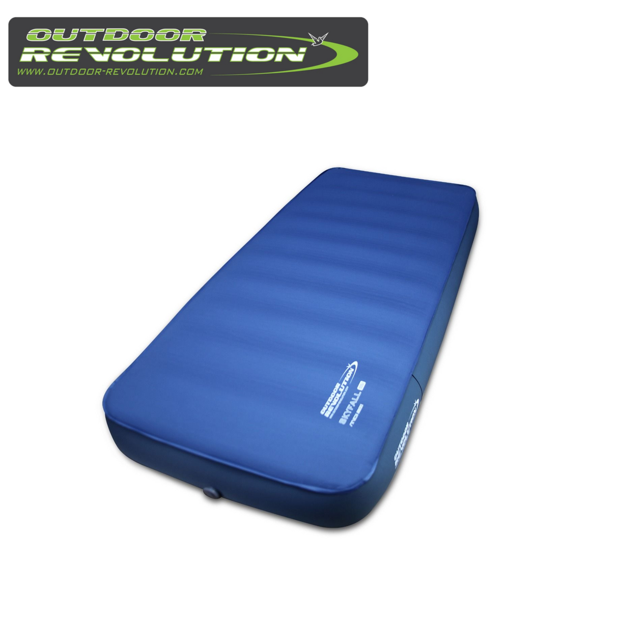 Outdoor Revolution Skyfall Midi 200 self-inflating sleeping mat laid out on grass, showcasing its thickness and texture.