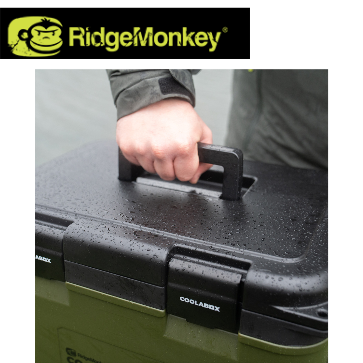 RidgeMonkey Collabox 20L coolbox with sturdy handle and secure latch, ideal for keeping food and drinks cool during outdoor activities.