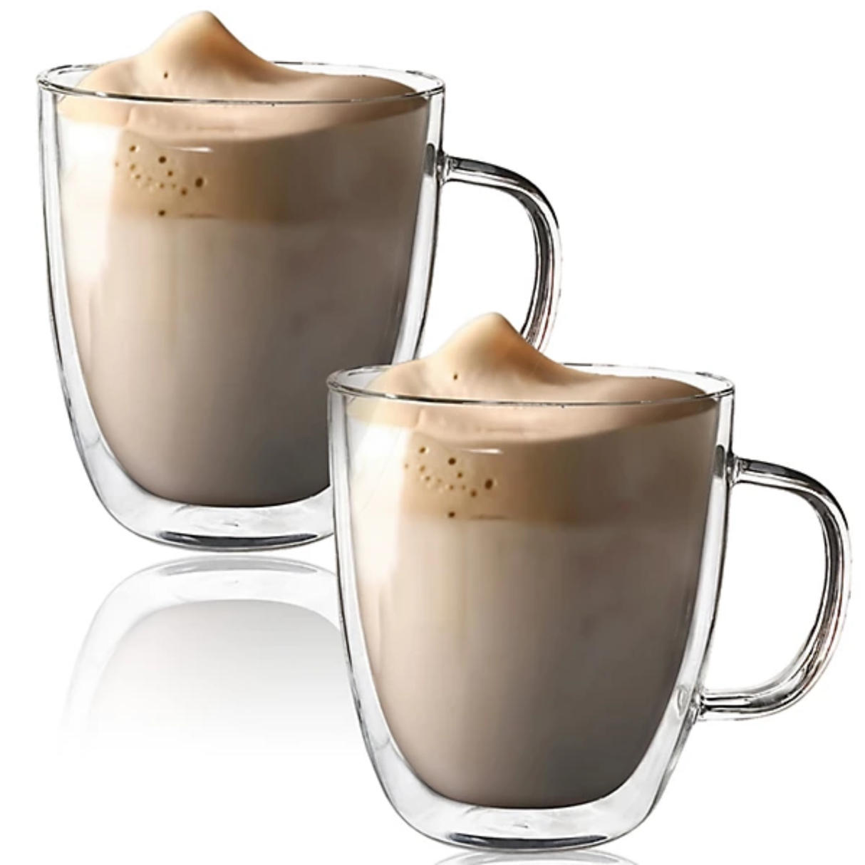 Pair of fusion double wall glass coffee mugs, 250ML capacity, showcasing clear, insulated design for hot beverages.