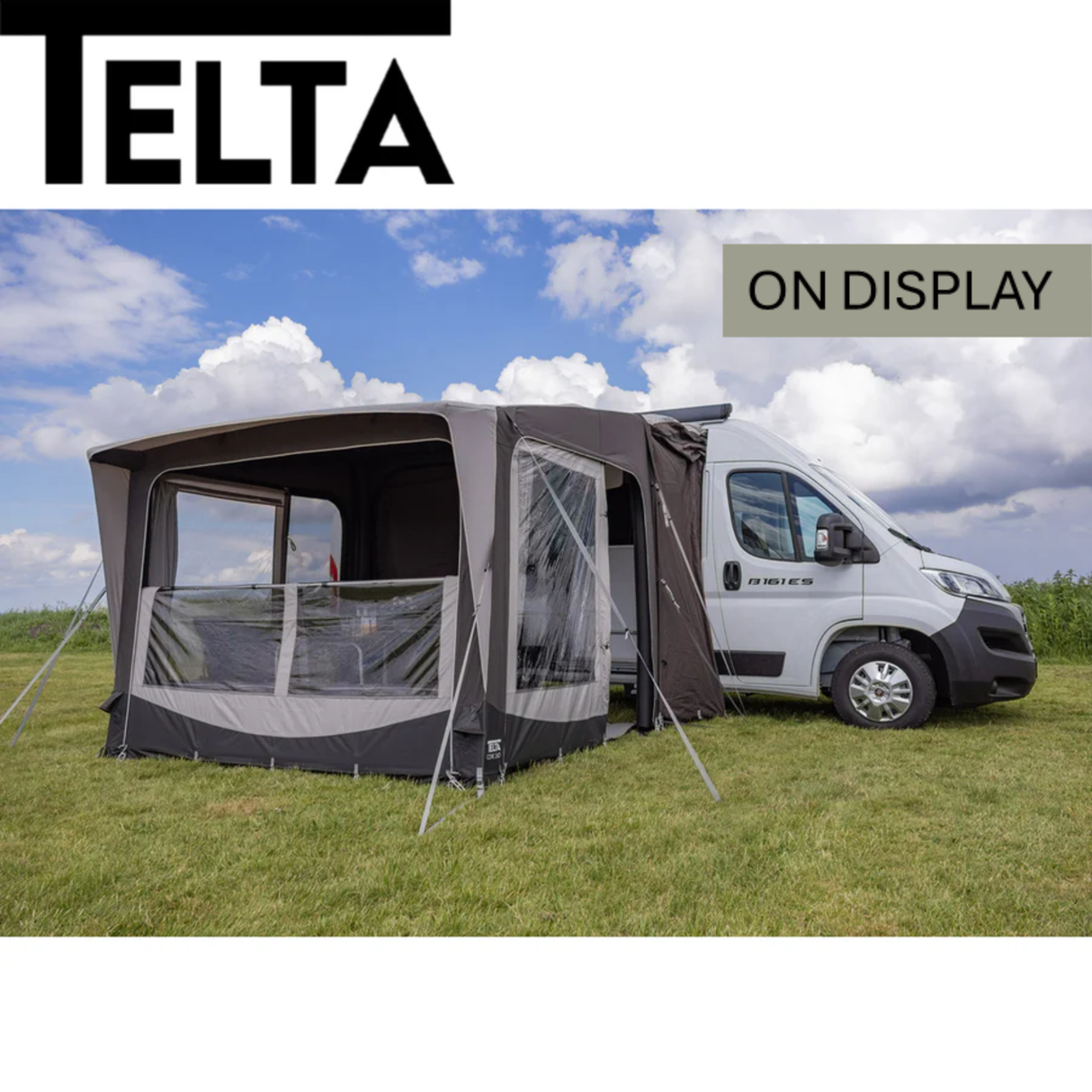 Telta Core 260 Air Awning set up, showcasing its spacious design and air-filled support structure in a campsite setting.