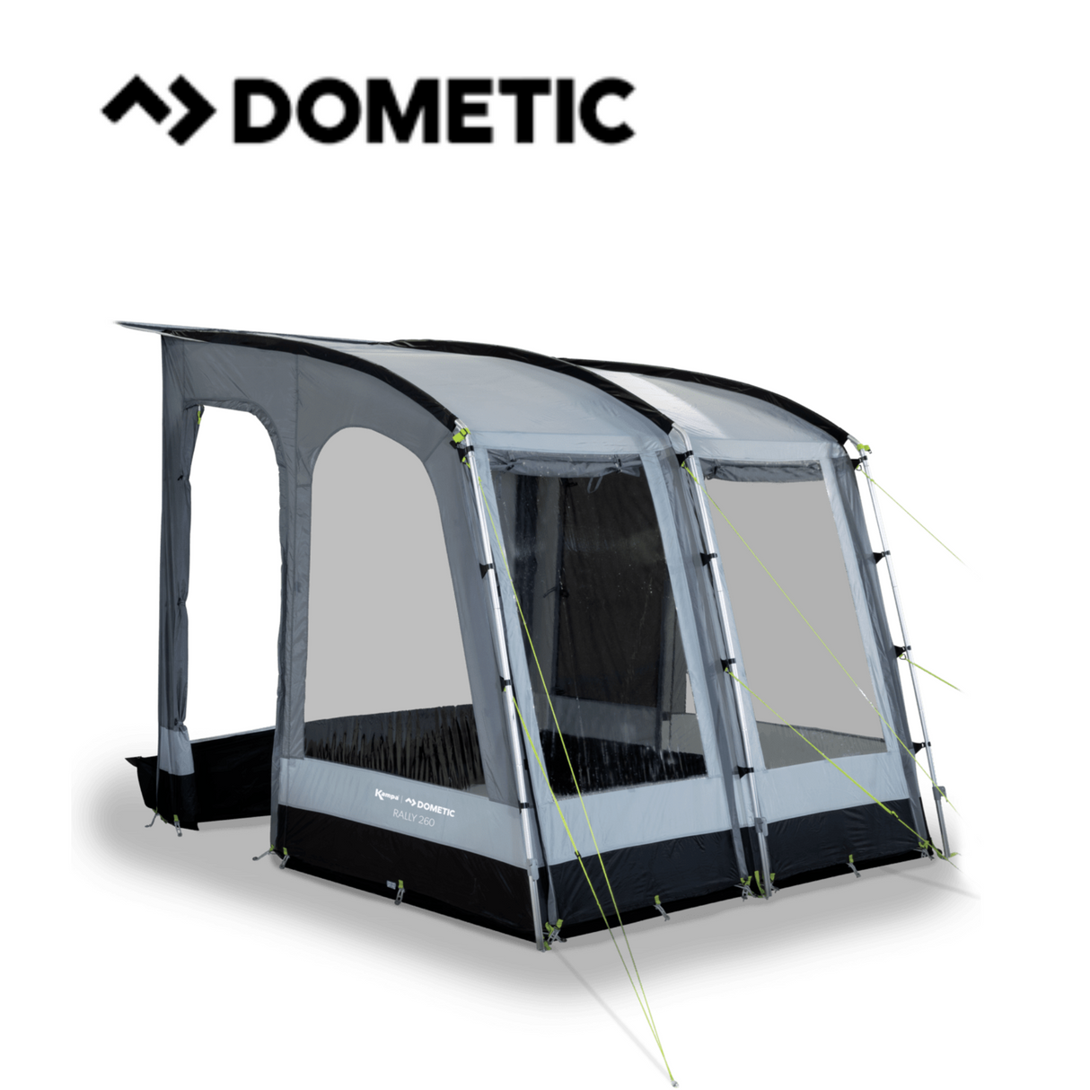 Dometic Rally poled awning set up outdoors, showcasing its sturdy poles and spacious canopy for shade and protection.