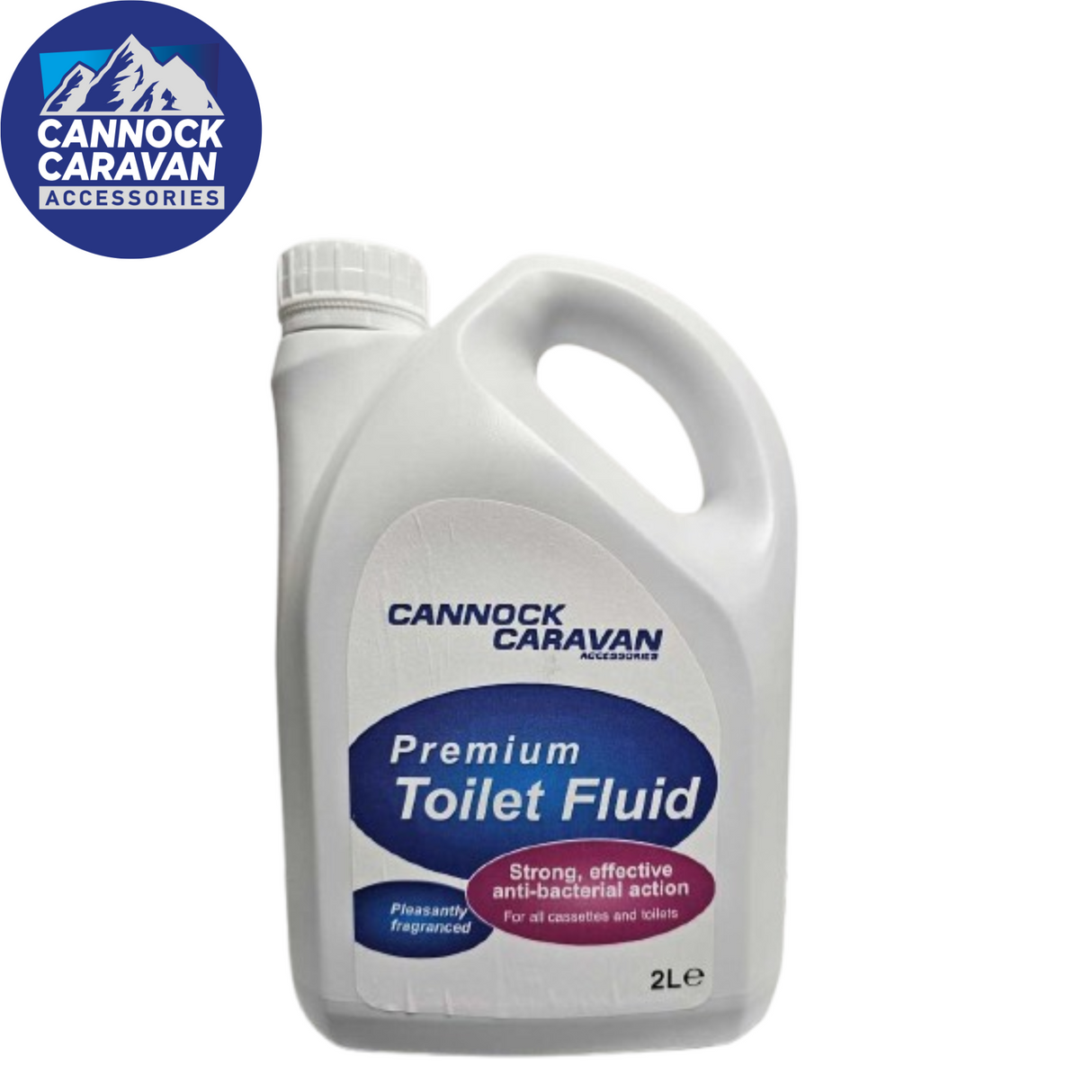Blue 2L toilet fluid from Cannock Caravan Accessories in a clear bottle, designed for caravan sanitation.