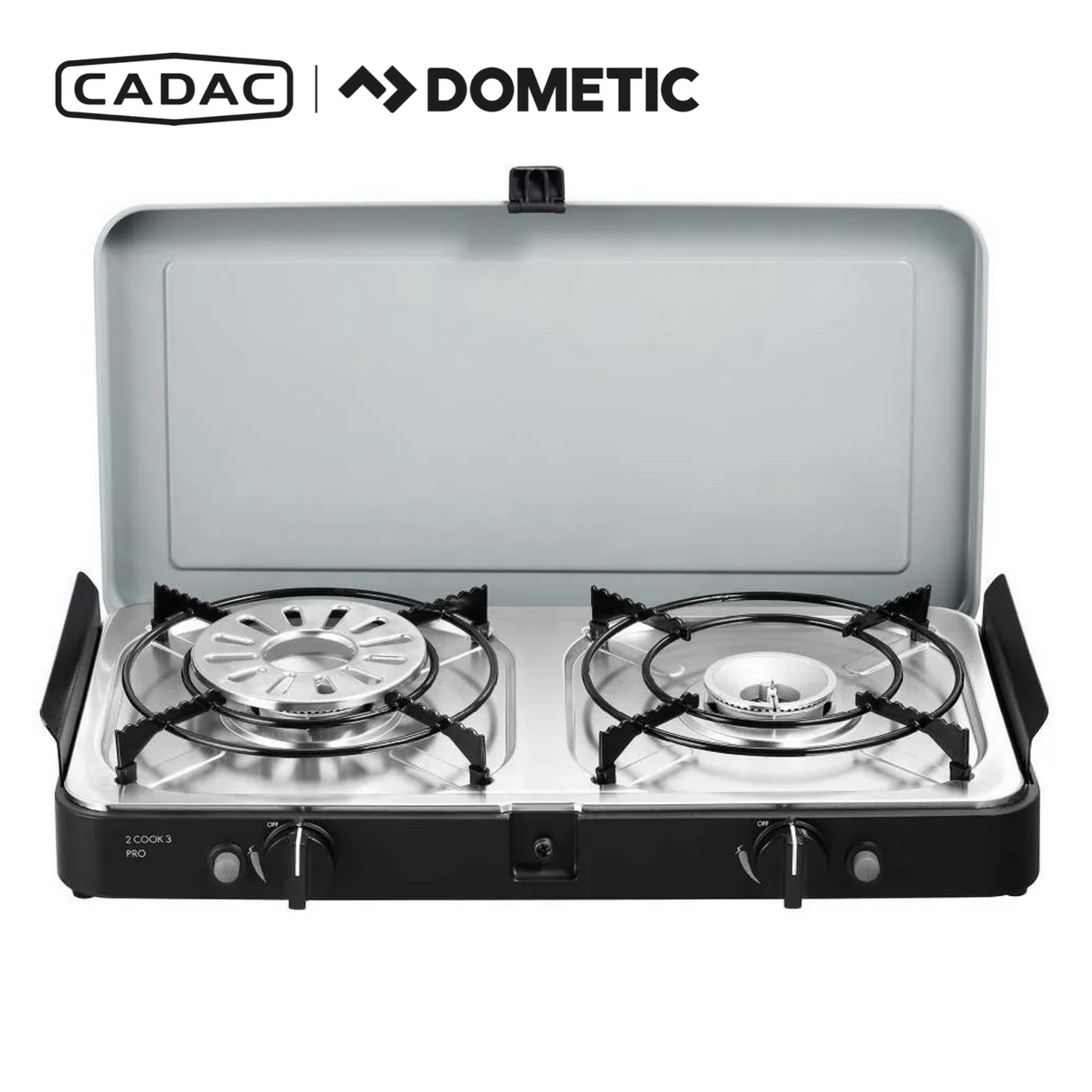 Cadac Dometic 2 Cook 3 Pro Deluxe QR gas BBQ with stainless steel burners and compact design, ideal for outdoor grilling.