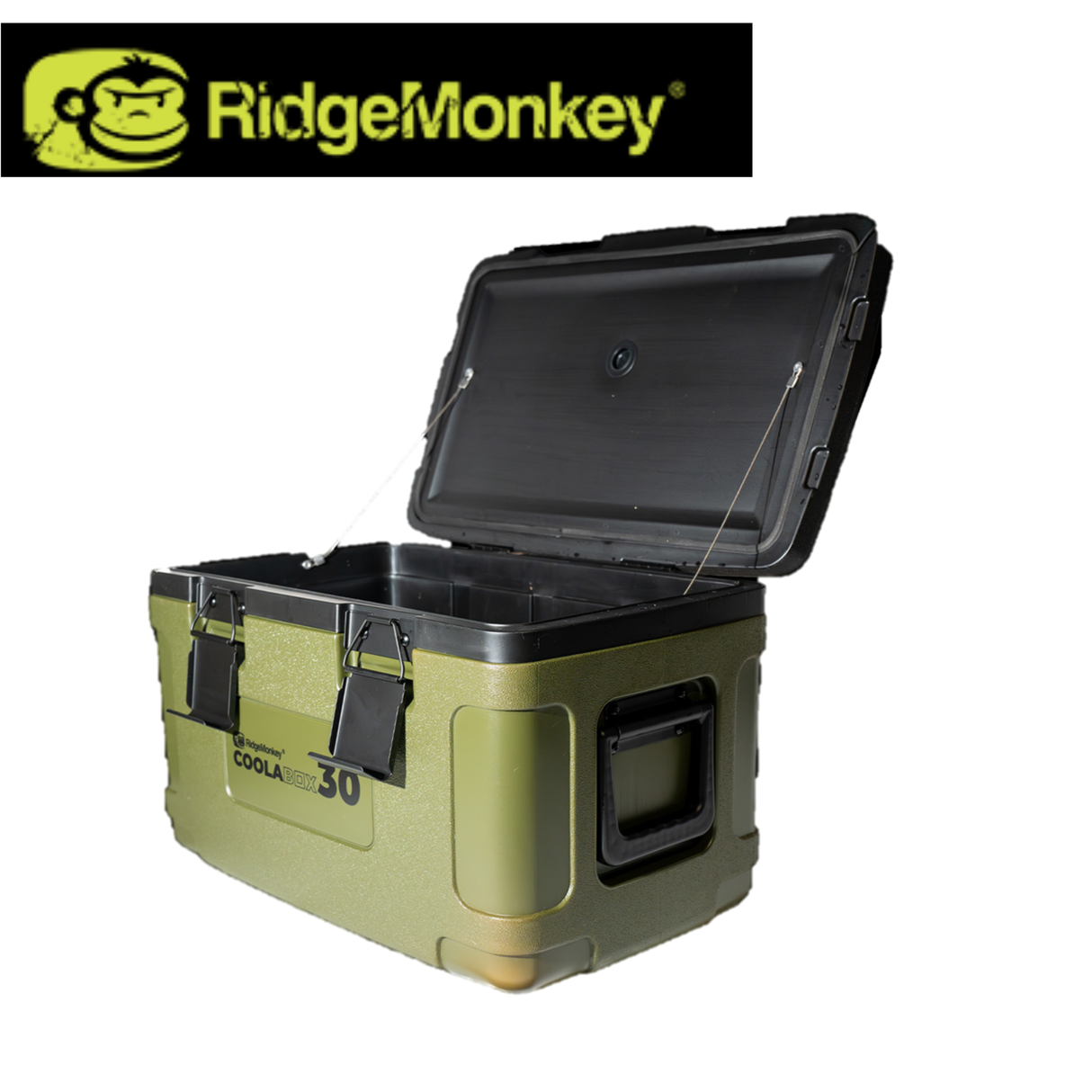 RidgeMonkey Coolabox 30L insulated cooler box with sturdy handles for outdoor and camping use.