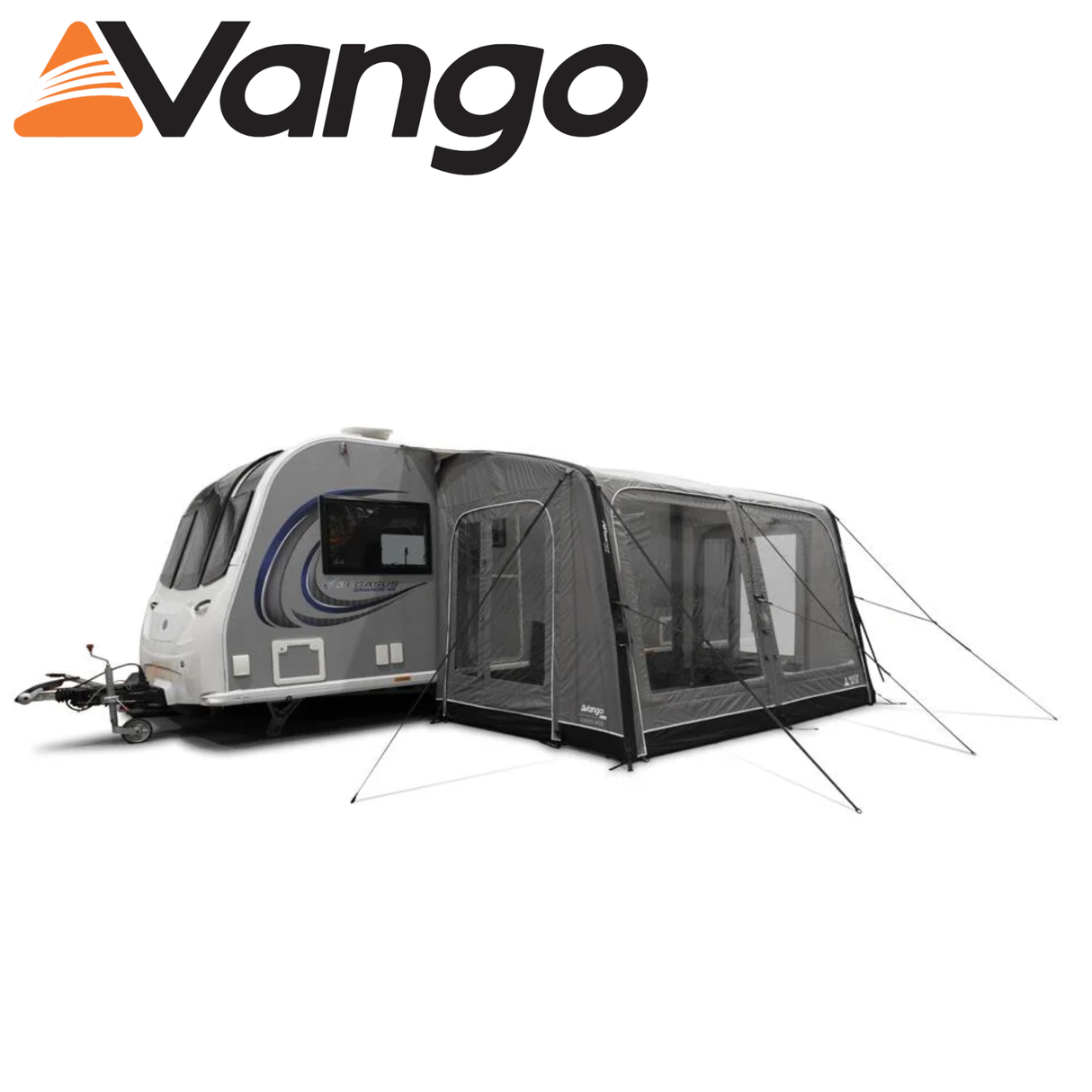 Vango Balletto Air 330 caravan awning set up with spacious interior and inflatable design in a campsite setting.
