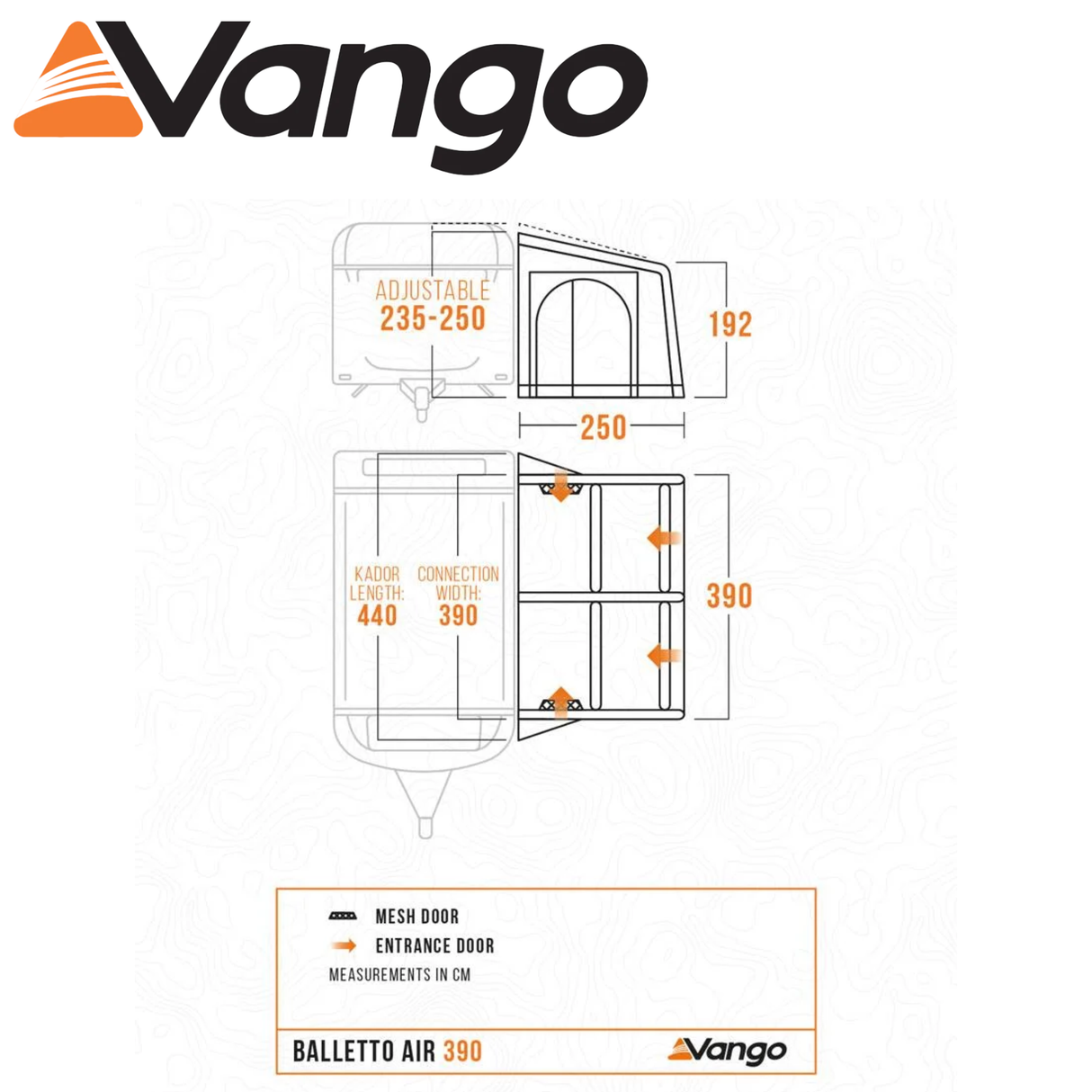 Vango Balletto Air 390 caravan awning set up with inflatable beams, providing shade and shelter for outdoor camping.