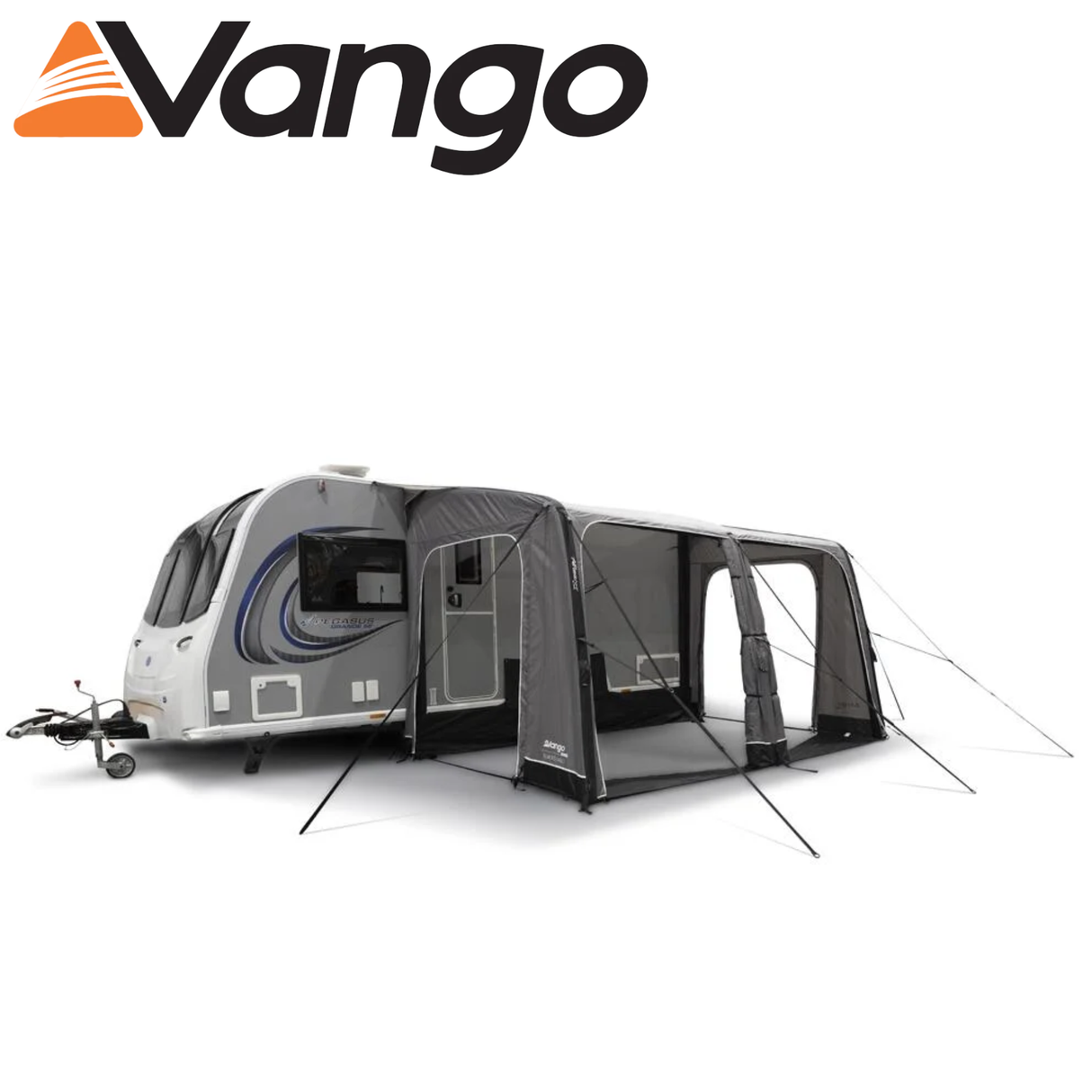 Vango Balletto Air 390 Caravan Awning set up beside a caravan, showcasing its spacious design and airy structure.