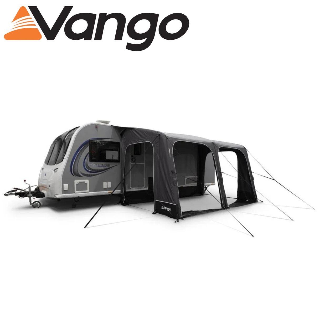 Vango Balletto Pro Air 390 Caravan Awning set up beside a caravan in a scenic outdoor setting.