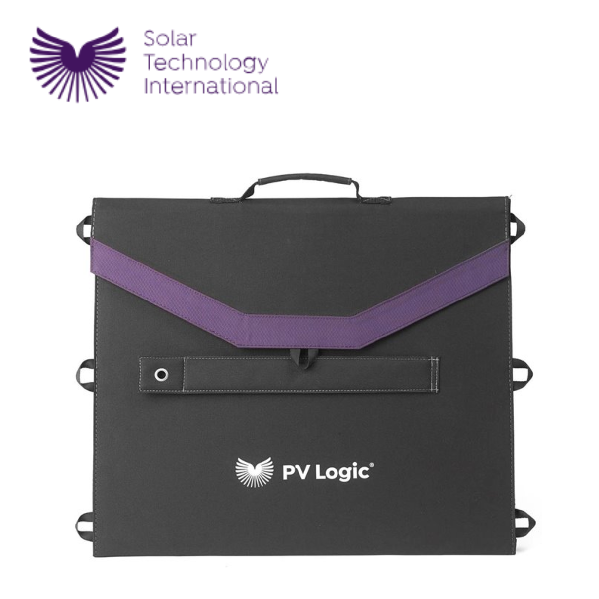 PV Logic 40W fold-up solar panel shown, portable and compact for outdoor solar power generation and charging devices.