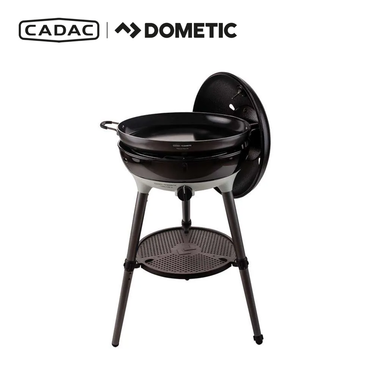 Cadac Dometic Chef 50 gas BBQ with QR, featuring a sleek design and grilling surface, ready for outdoor cooking.