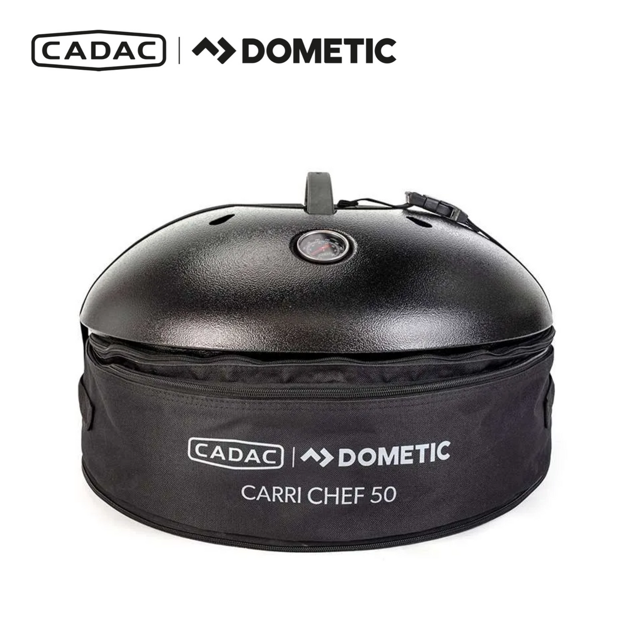 Cadac Dometic Chef 50 gas BBQ featuring a sleek design and QR cooking system for outdoor grilling.