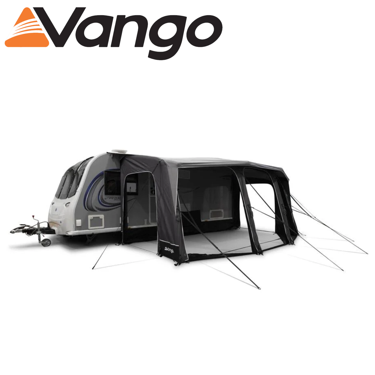 Vango Tuscany Air Pro Shield 500 caravan awning set up, showcasing its spacious design and durable materials in a campsite.
