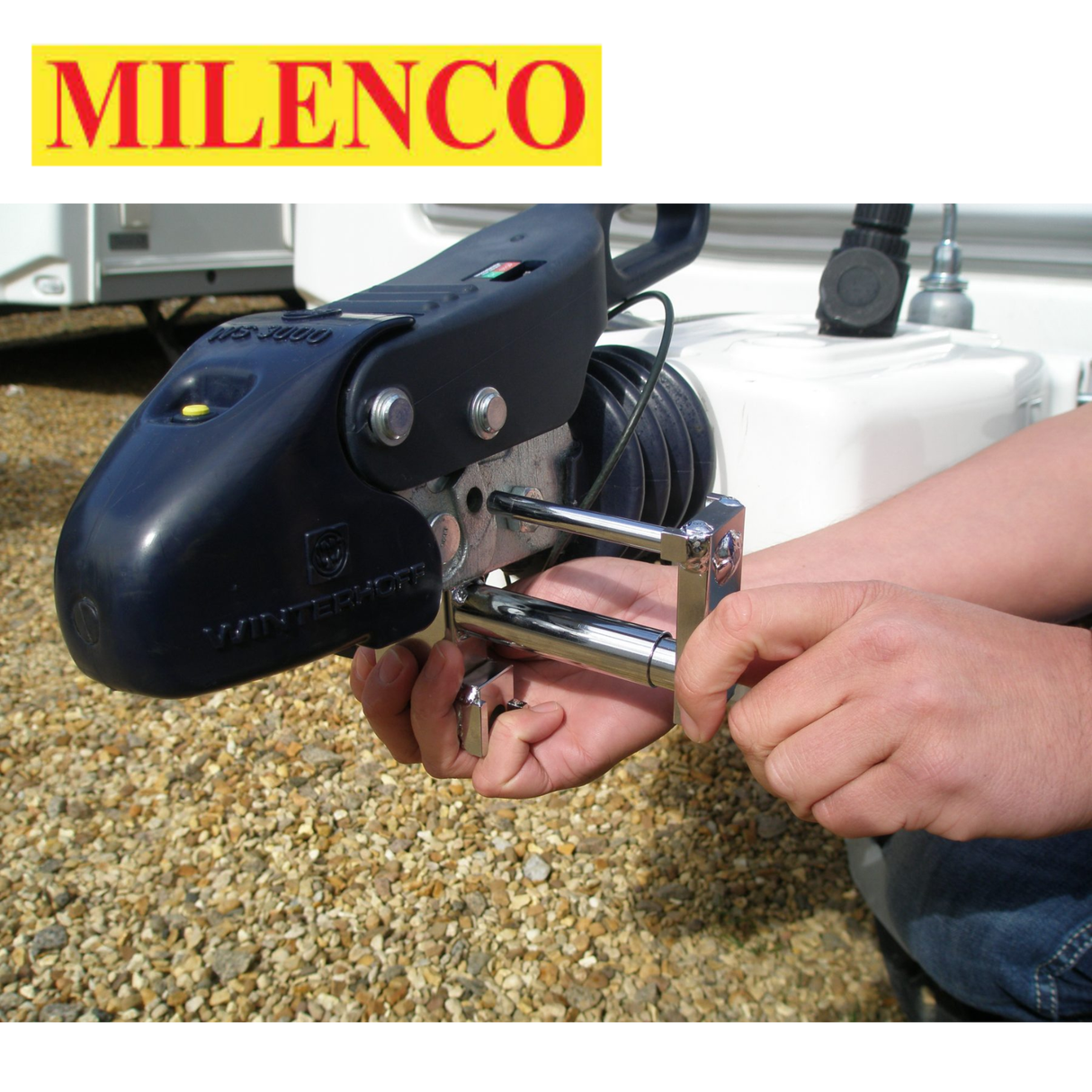 Milenco BPW/Winterhoff Compact Hitchlock 5005 in silver, securely locking a trailer hitch for enhanced safety.