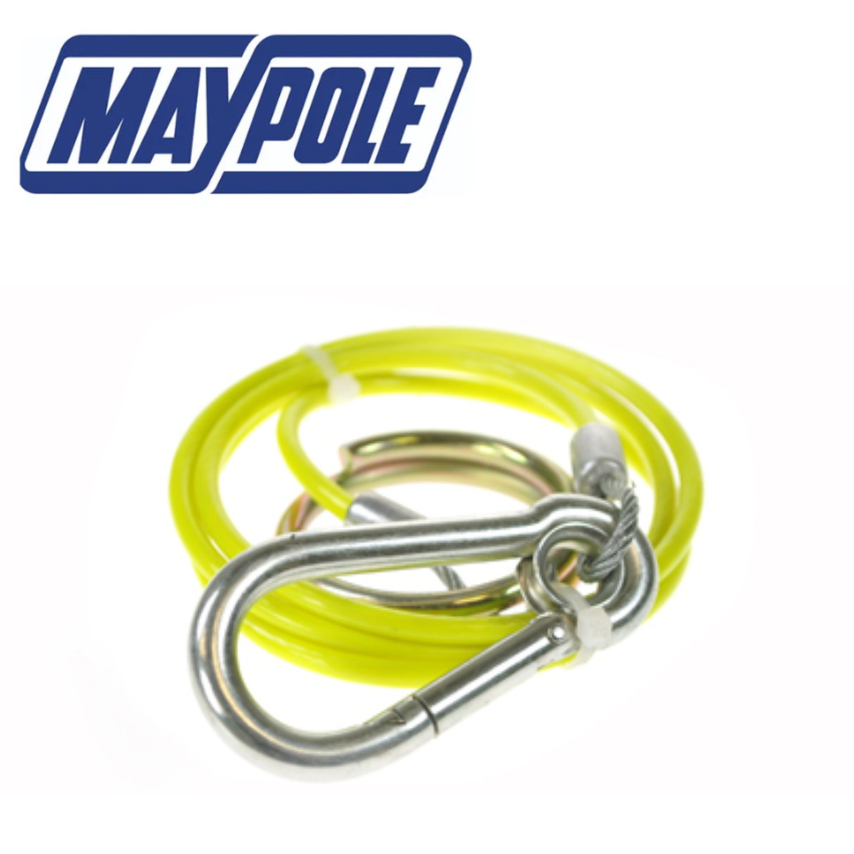 Yellow Maypole breakaway cable, 1 meter long with 3mm thickness, designed for trailer safety and secure towing.