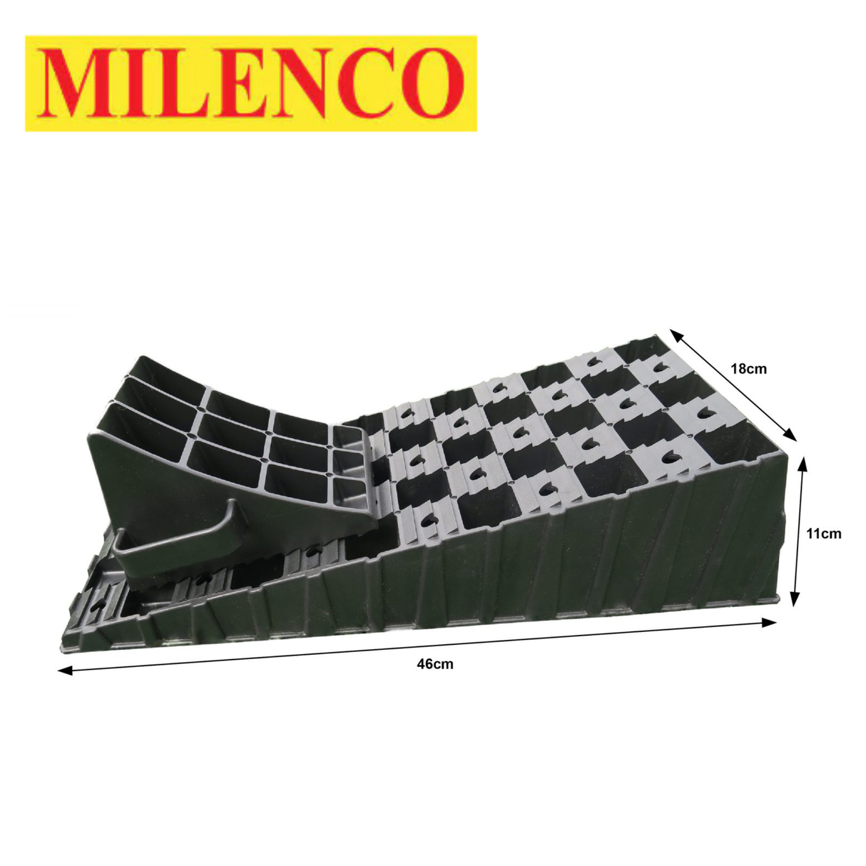 Milenco MGI Wedge Level with chock, showing durable construction and non-slip surface for stable leveling.