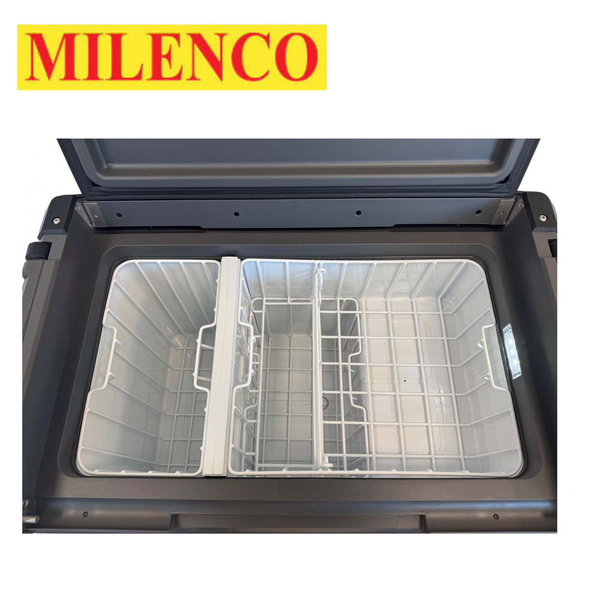 Milenco MyCoolman 53ltr Dual Zone fridge freezer with spacious compartments and adjustable temperature settings.
