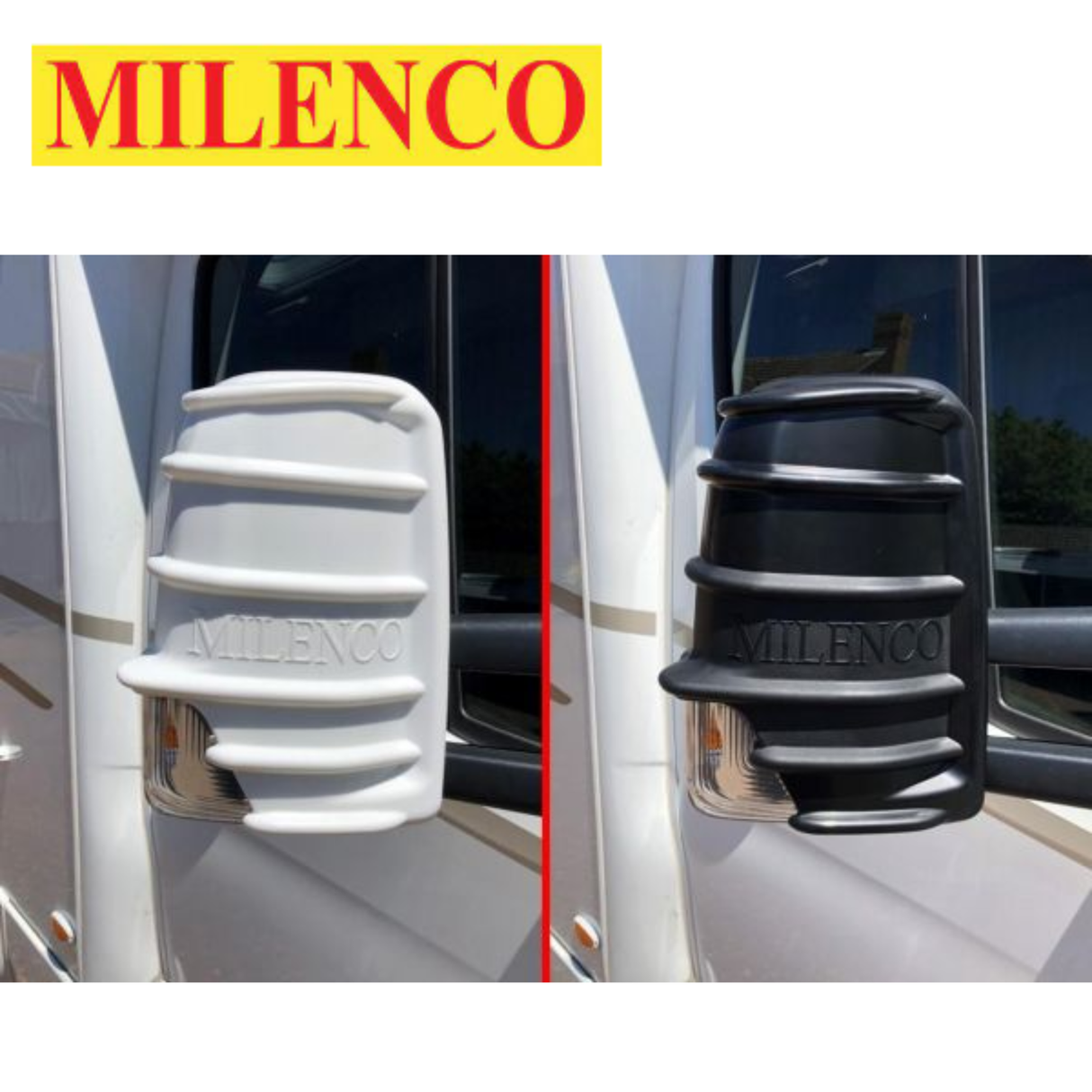 Milenco Sprinter motorhome twin arm mirror protector in black, designed for durability and optimal visibility.