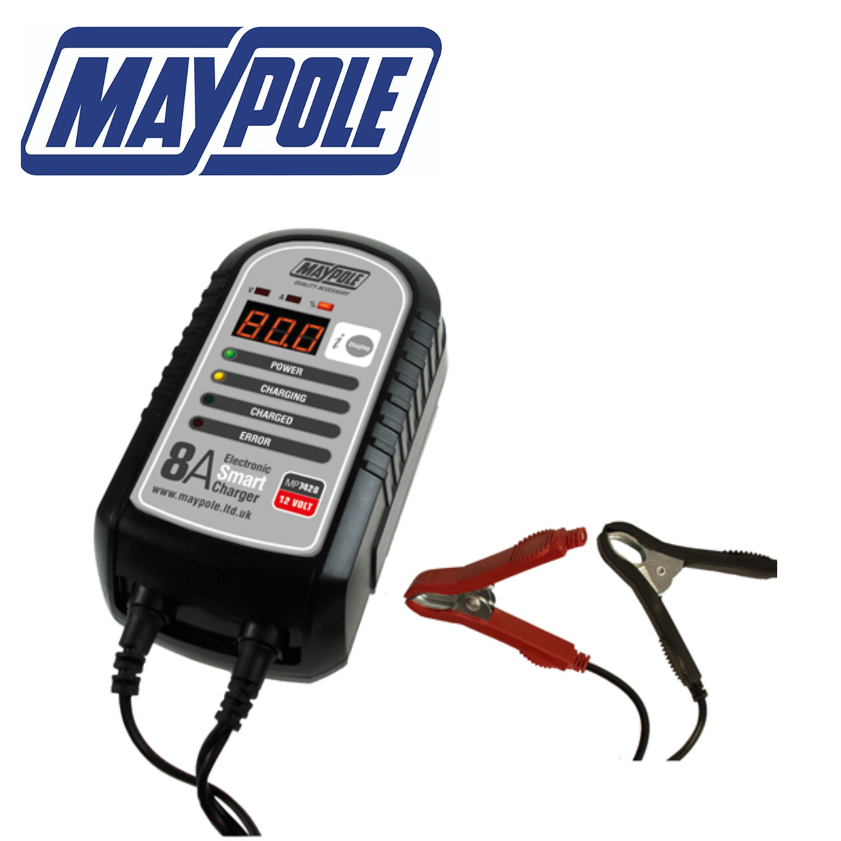 Maypole 8A 12V electronic smart charger with digital display and connection cables for vehicle battery charging.