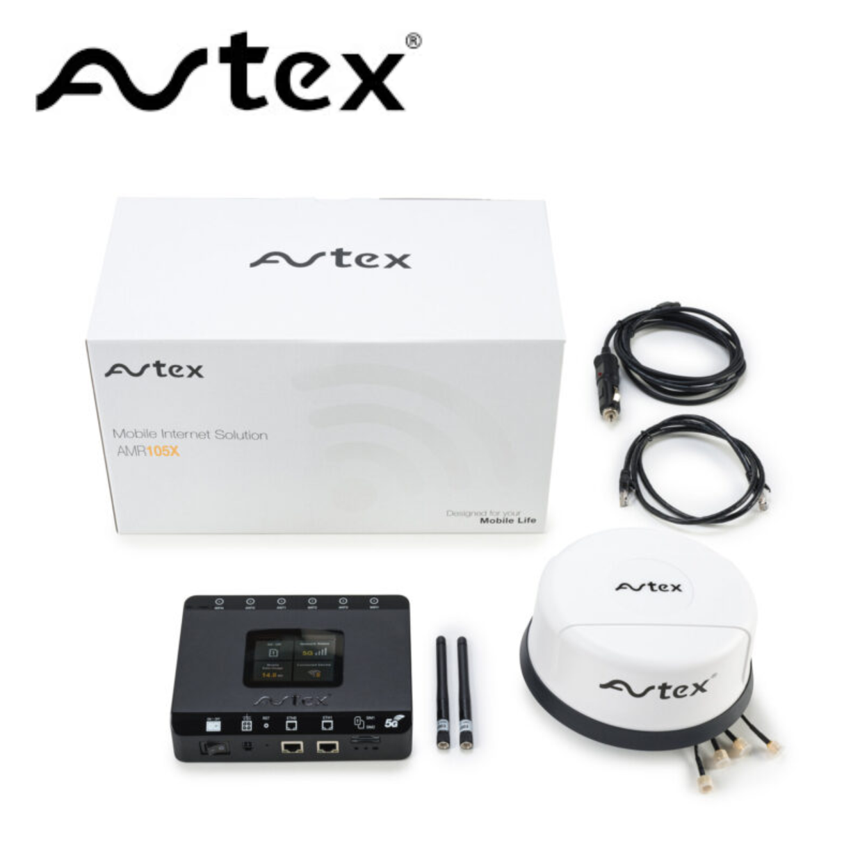 Avtex 5G WiFi 6 dual SIM router in white, showcasing sleek design and connectivity features. Model AMR105X.