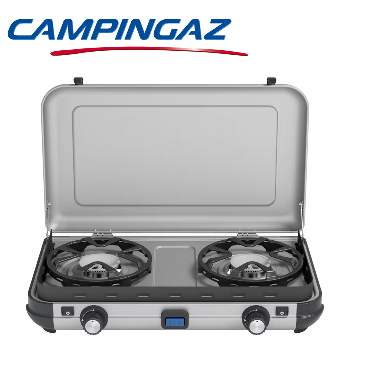 Campingaz Camping Kitchen 2 Maxi stove with BBQ grill, outdoor camping kitchen setup for cooking and grilling.