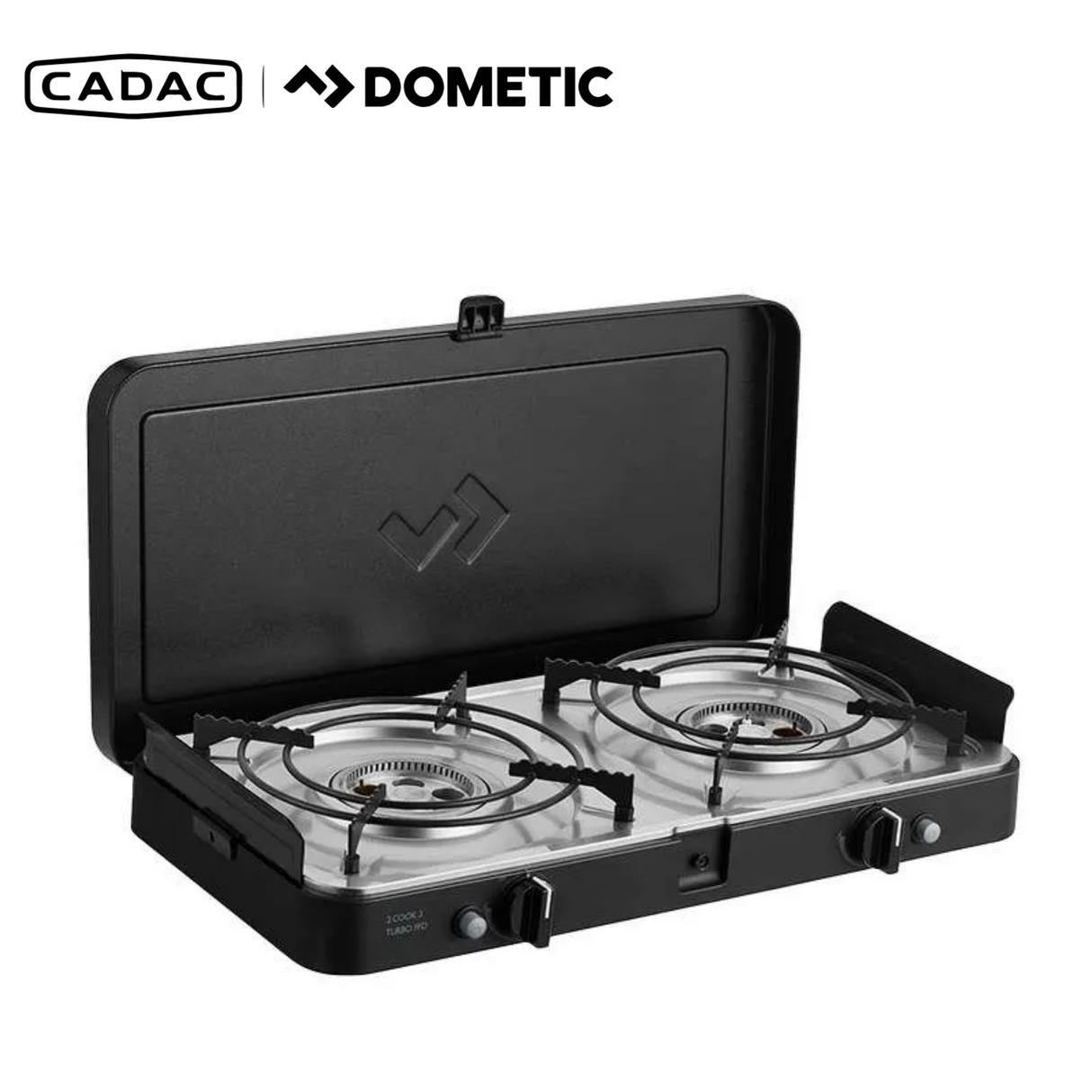 Cadac 2 Cook Turbo FFD Deluxe QR gas grill with stainless steel construction and control knobs, branded by Cadac Dometic.
