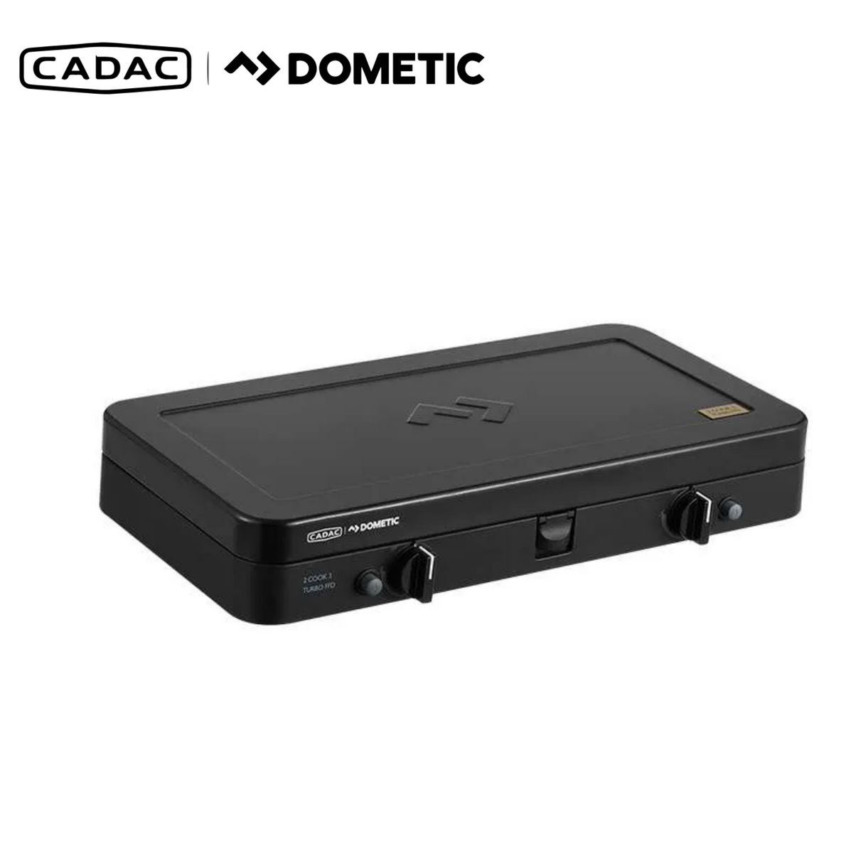 Cadac Dometic Cadac 2 Cook Turbo FFD Deluxe QR gas grill with control knobs and cooking surface, shown in the image.