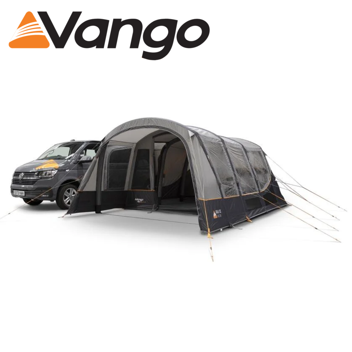 Vango Galli CC Air Low driveaway awning set up beside a campervan, showcasing its spacious design and air pole structure.