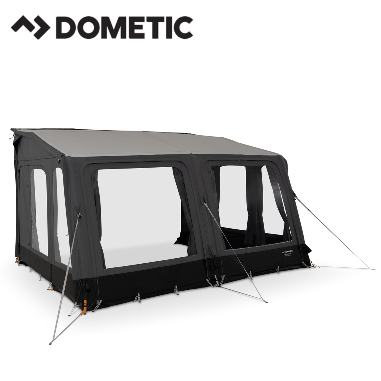Dometic Grande AIR Stay 390 S porch awning extended on a camper, showcasing its fabric and frame setup for outdoor shade and shelter.