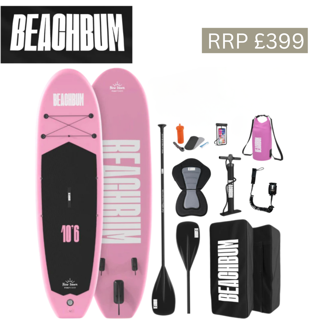 BeachBum paddle board bundle with a sky blue and pink Malibu paddle board on calm water, ready for beach and water adventures.