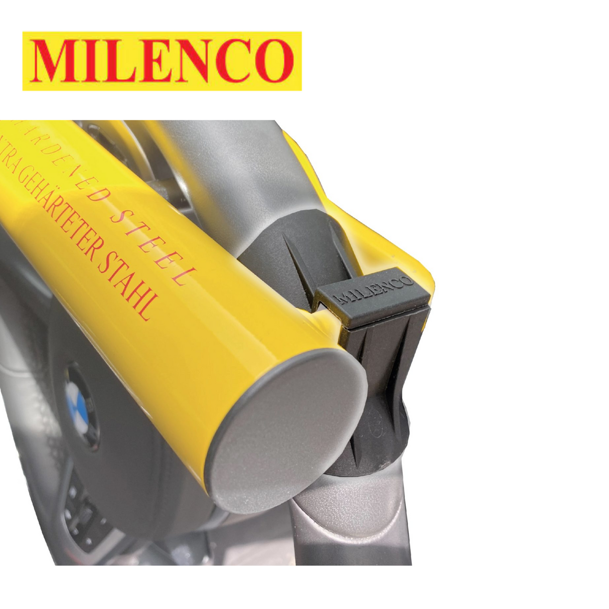 Milenco high security steering wheel lock in yellow, designed for vehicle safety and protection against theft.