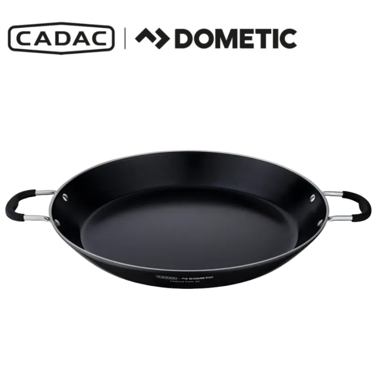 Cadac Dometic Paella Pan 40, large round metal pan for preparing paella, with handles for easy cooking and serving.