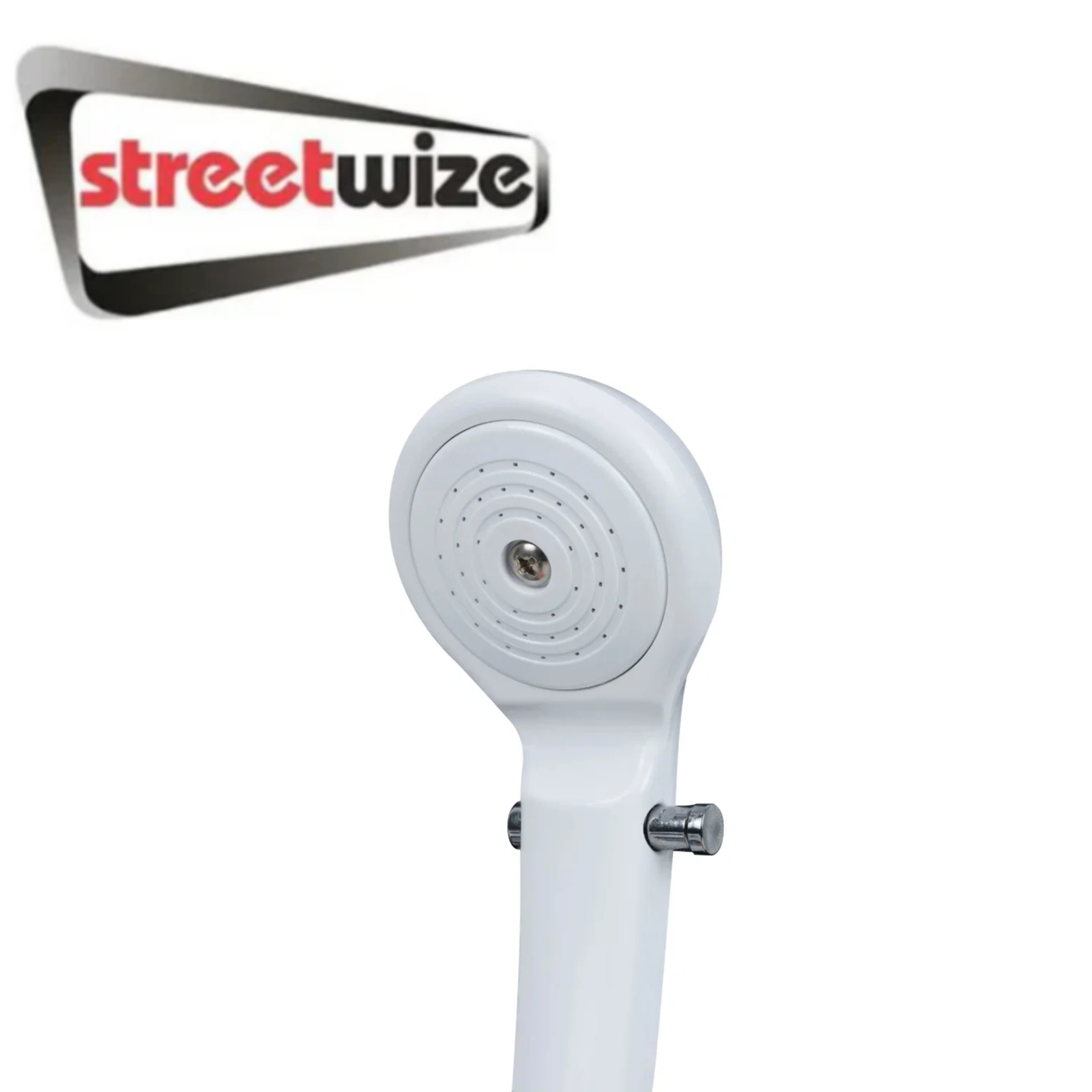 Streetwize 12V portable shower with handheld spray and flexible hose, ideal for outdoor and camping use.