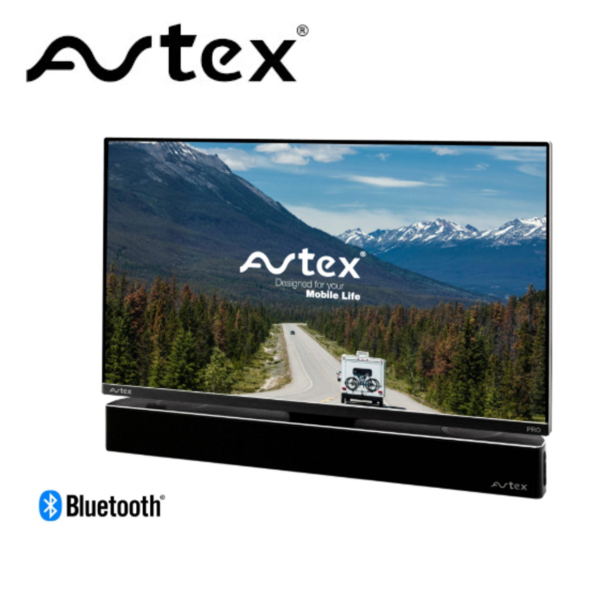 AVTEX ALL-IN-ONE TV soundbar and Bluetooth speaker SB195BT with sleek design and multiple connection ports.