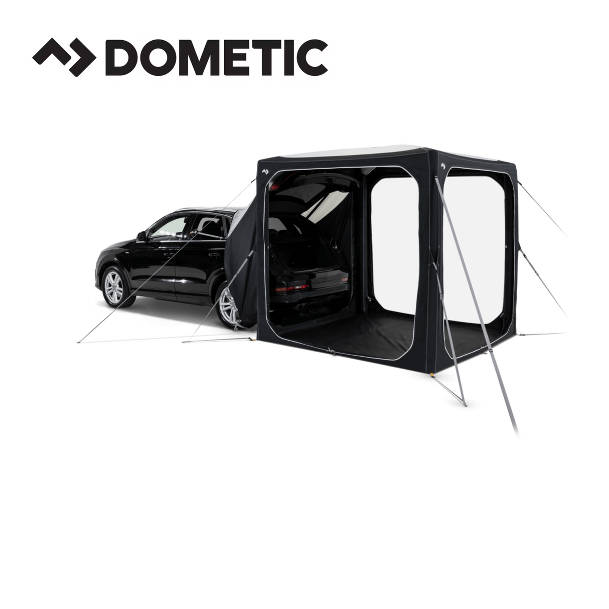 Dometic Hub Connect Tunnel for modular accessories, shown attached to an SUV, providing extra space and shelter.