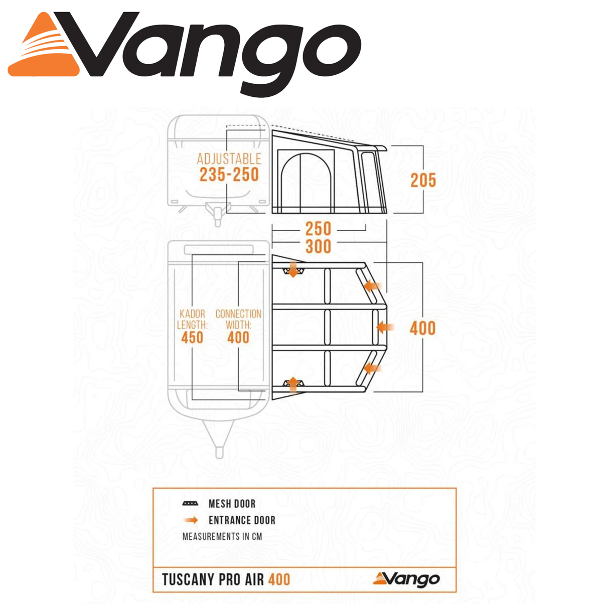 Vango Tuscany Air Pro Shield 400 caravan awning set up outside, showcasing its spacious design and durable materials.