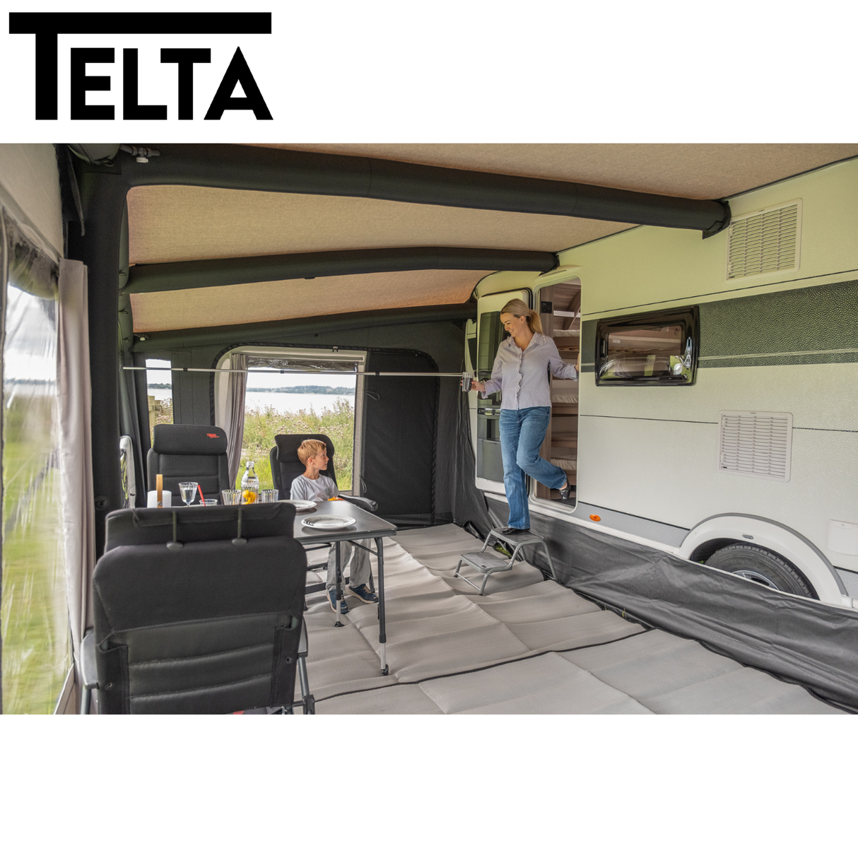Telta Apex Air Full Awning set up, showcasing its spacious design and durable fabric for outdoor camping use.