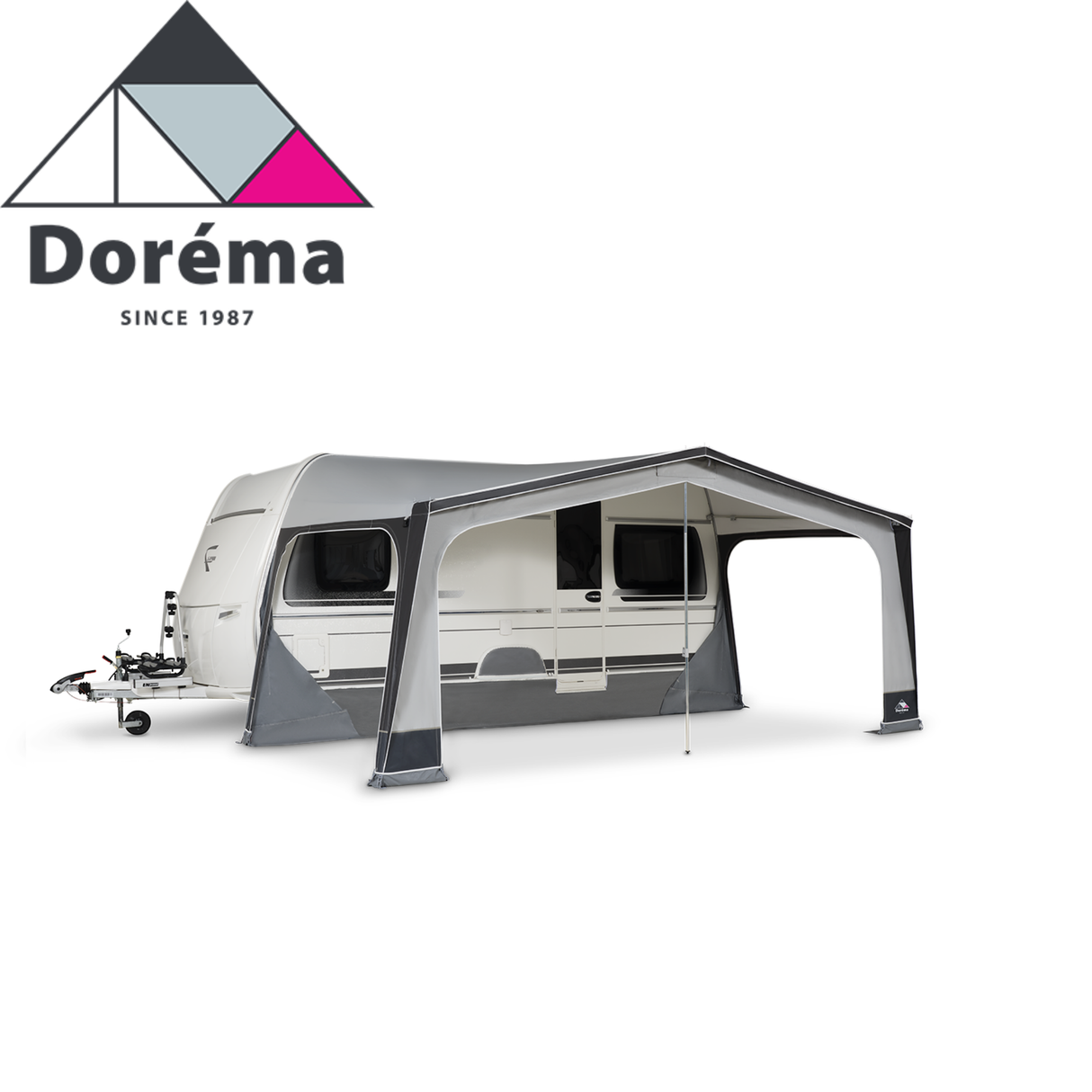 Dorema Diamond XL 270 full awning set up on a caravan, showcasing its spacious design and durable fabric.