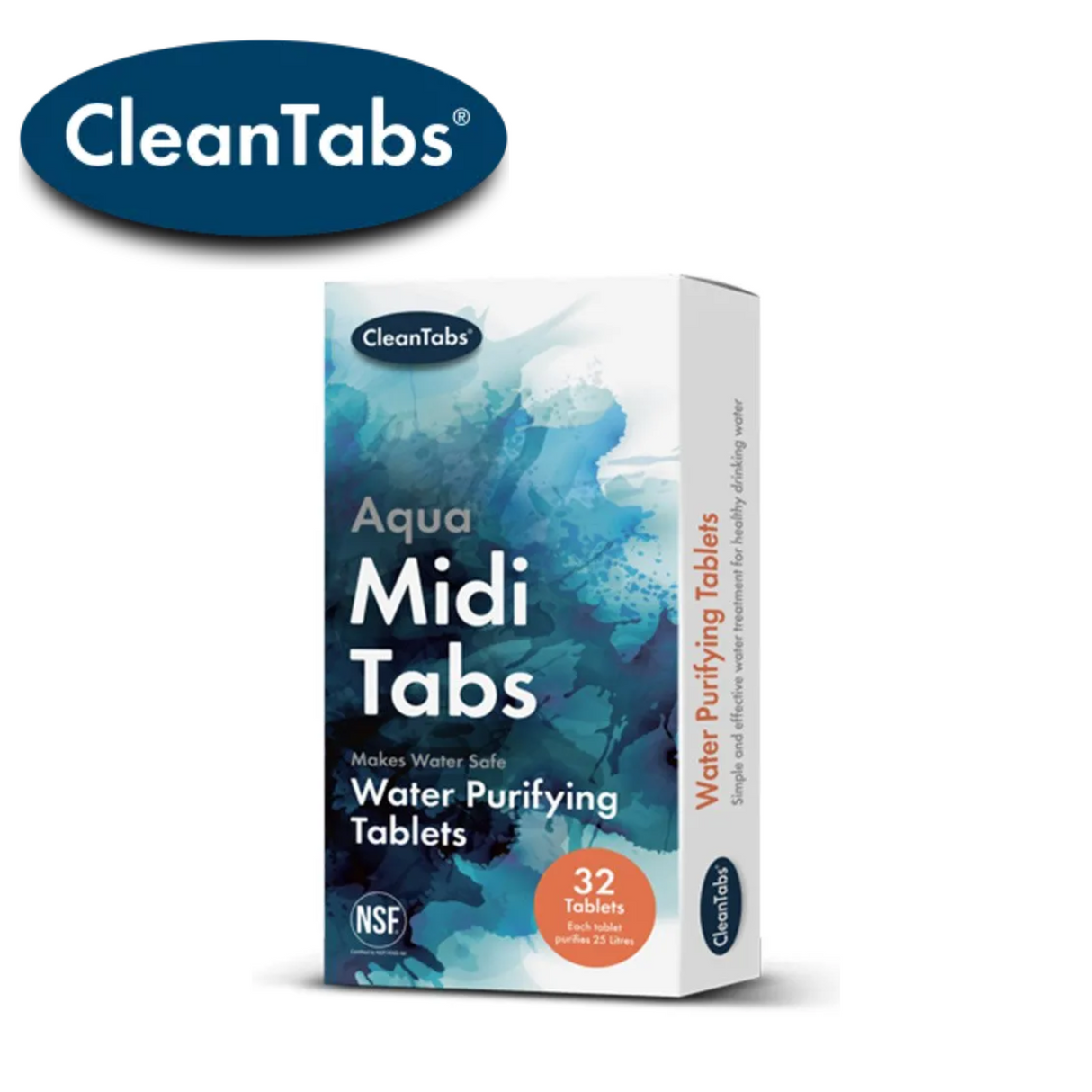 Cleantabs Aqua Tabs water purifier tablets in a blue packaging, designed for effective water purification.
