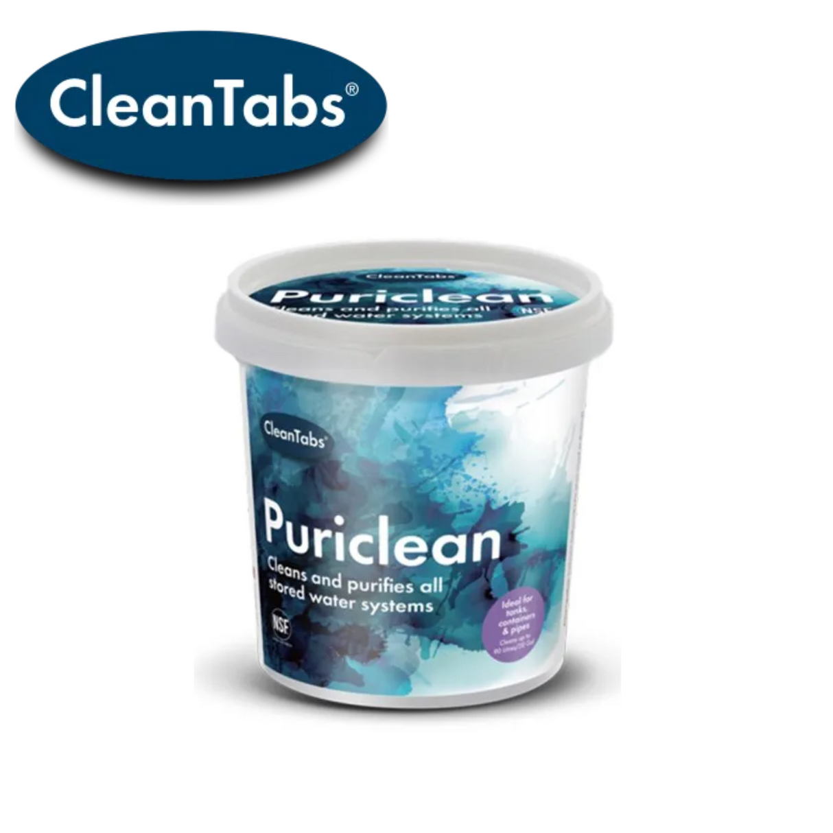 Cleantabs Puriclean tank cleaner in a bottle with a sleek design, featuring a clear label and vibrant colors.