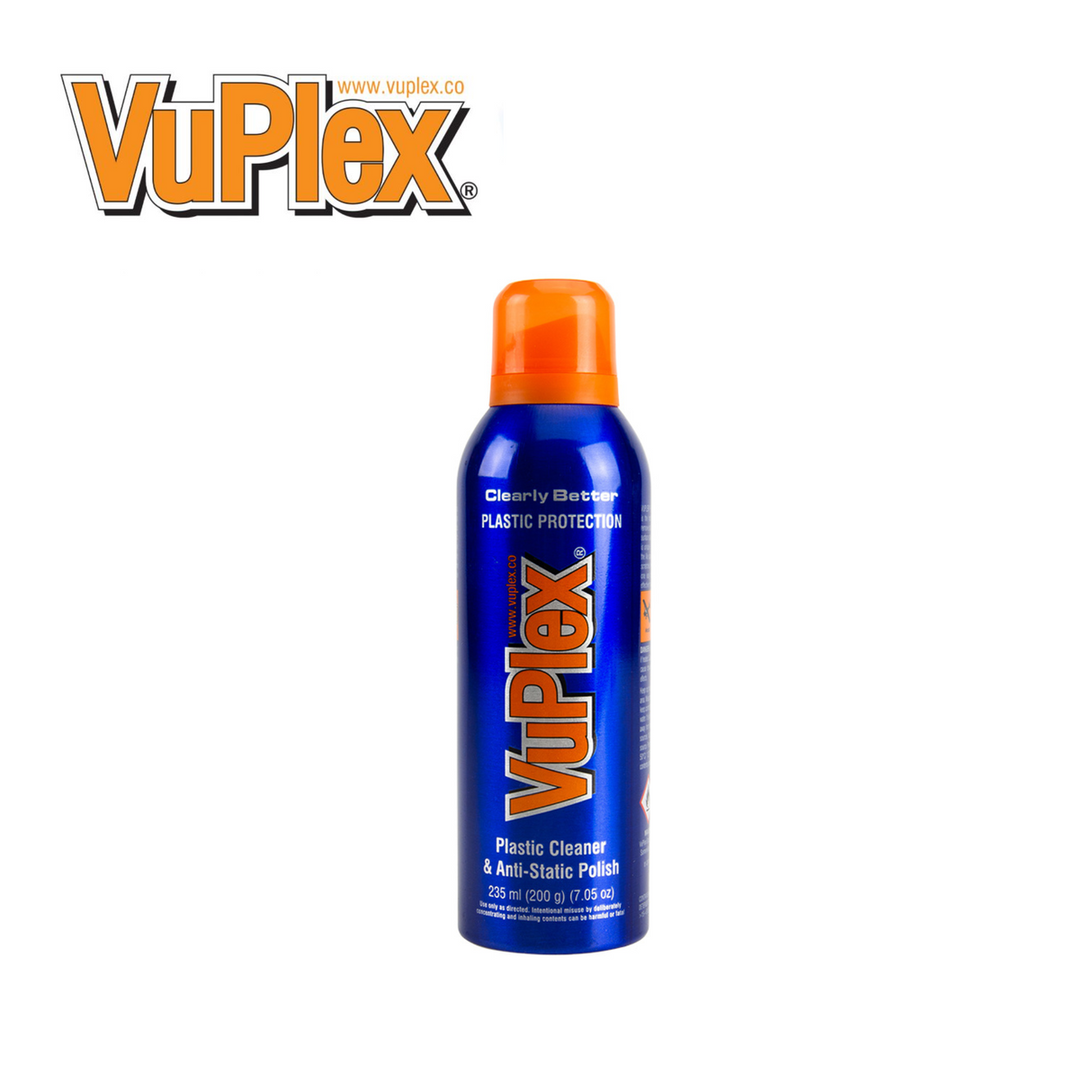 Vuplex Plastic Cleaner & Anti-Static Polish bottle with clear labeling on a clean surface, showcasing its vehicle cleaning use.