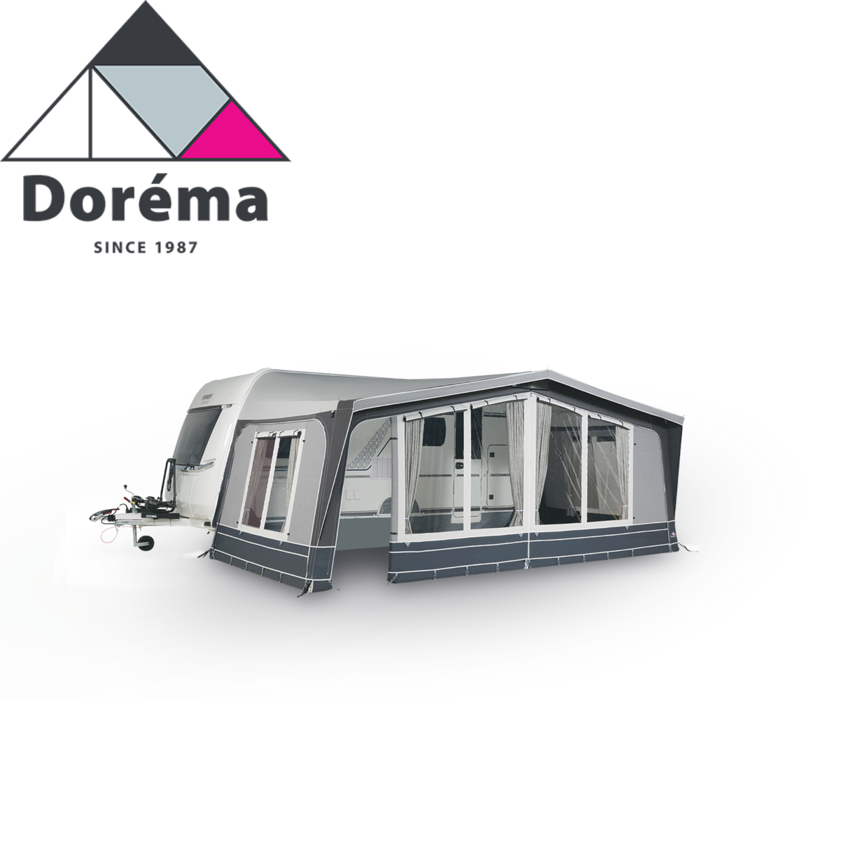 Dorema Diamond XL 300 Deluxe Full Awning in a spacious outdoor setting, showcasing its durable fabric and design features.